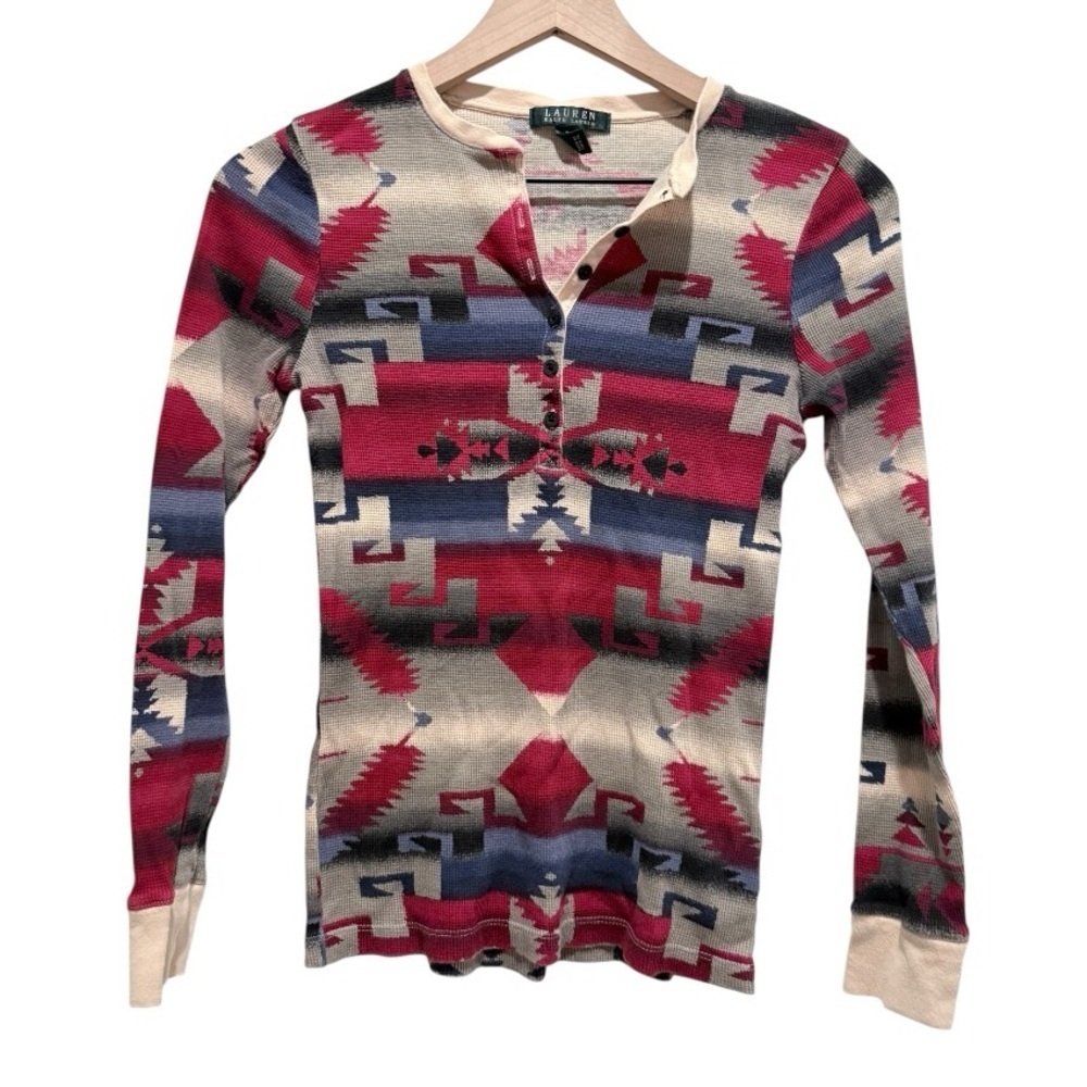 Lauren Ralph Lauren Southwestern Thermal Henley Top Aztec Print Waffle Knit S